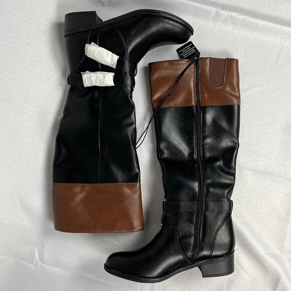 Arizona Jean Company Shoes - NEW Knee High Riding Boots Two Toned Black Brown 8M Faux Leather Heeled Preppy